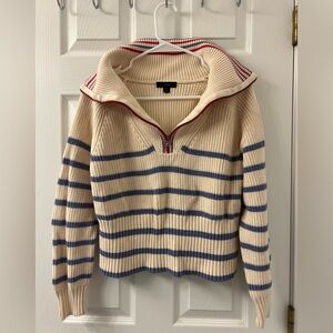 J. Crew Cream and Blue Striped Zip Neck Sweater XL